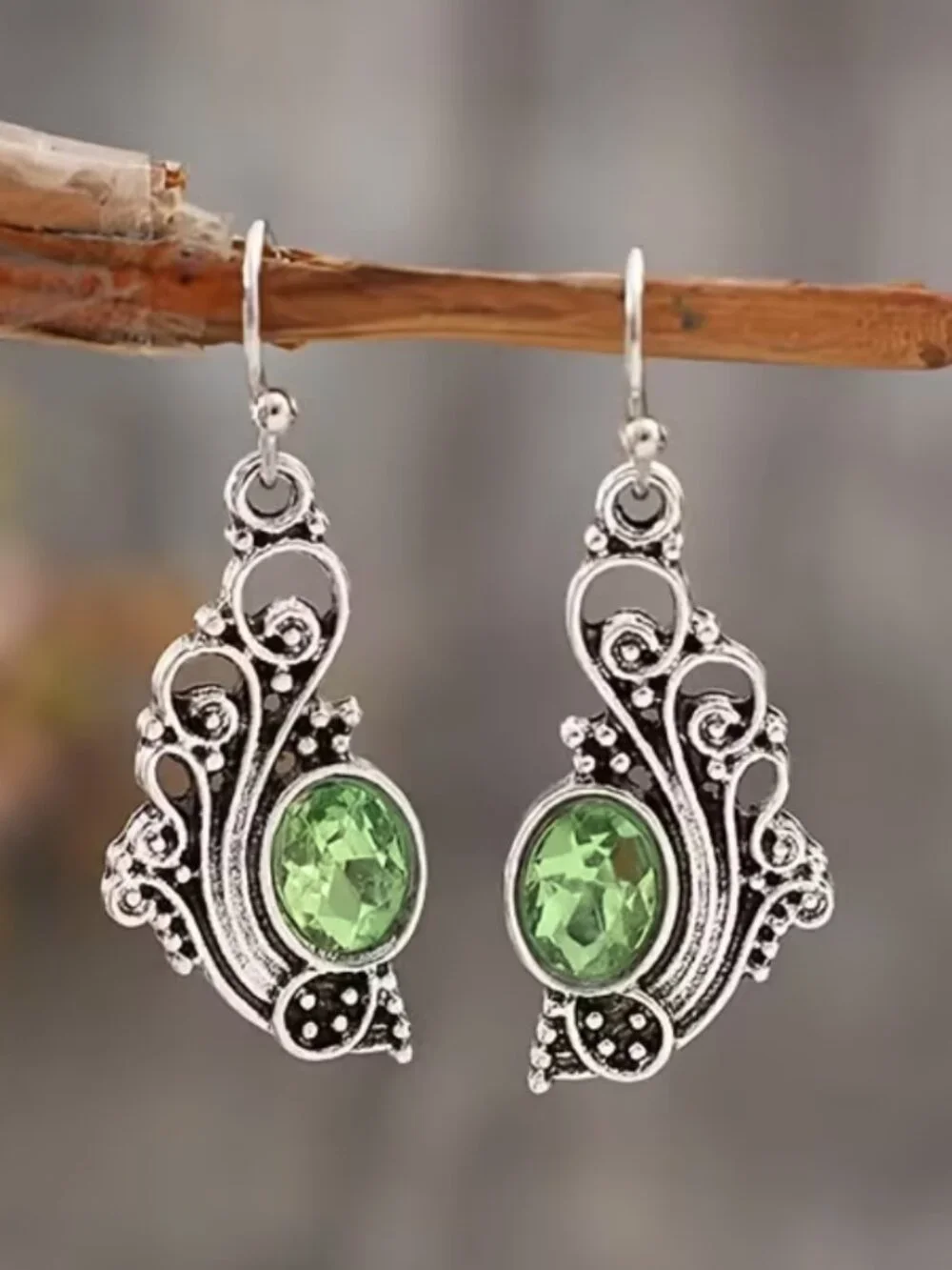 Oval Peridot Earrings Wrapped in Silver Tendrils Peacock Plumage Filigree